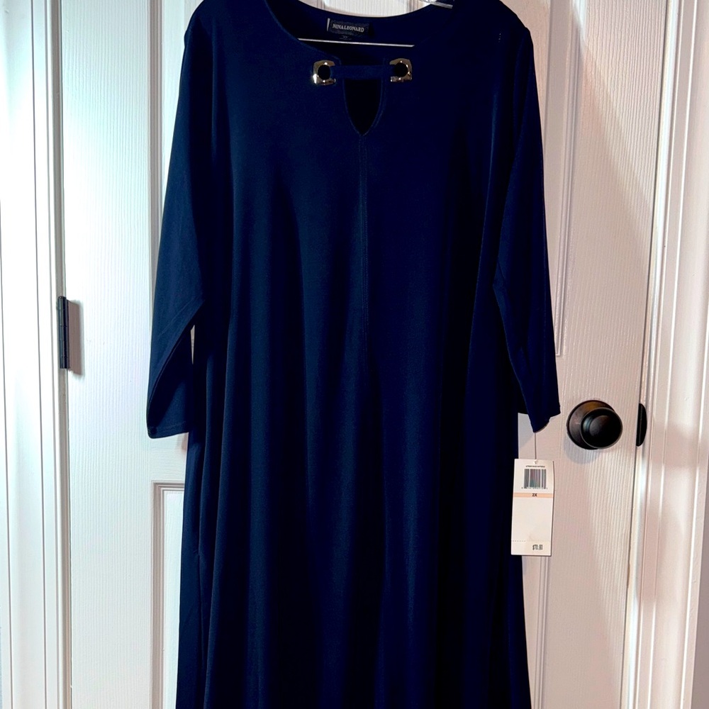 Nina Leonard Deep Blue Long Sleeve Dress
